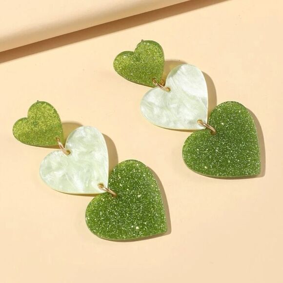 St. Patrick's Day Triple Heart 2" Drop Earrings - Picture 1 of 4